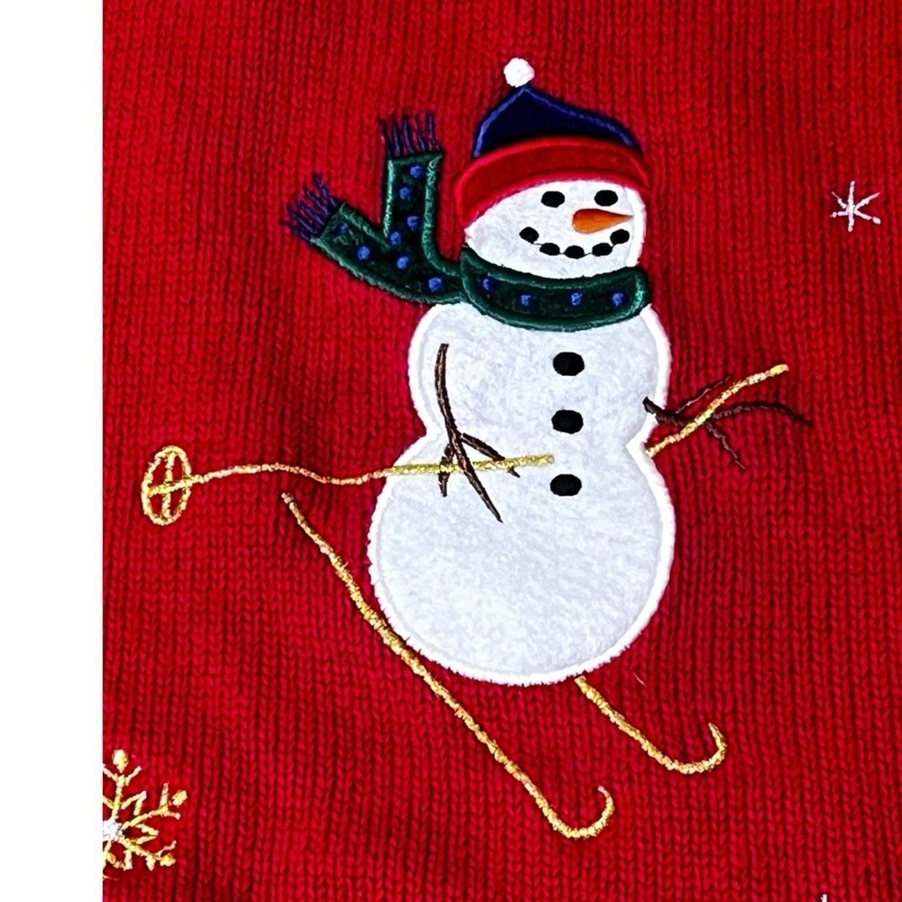 Vintage Crystal Kobe Snowman Patch Red Christmas Cardigan Size L Ugly Sweater - Picture 4 of 10